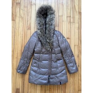 Rudsak Down Puffer Coat Fur Trim Hooded Brown Zip Pockets Winter Warm Women Med